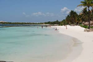 Playa de riviera maya con aguas tranquilas y palmeras